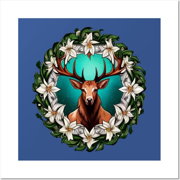 Elk Surrounded By A Wreath Of Sego Lily Tattoo Style Art Wall Art by taiche